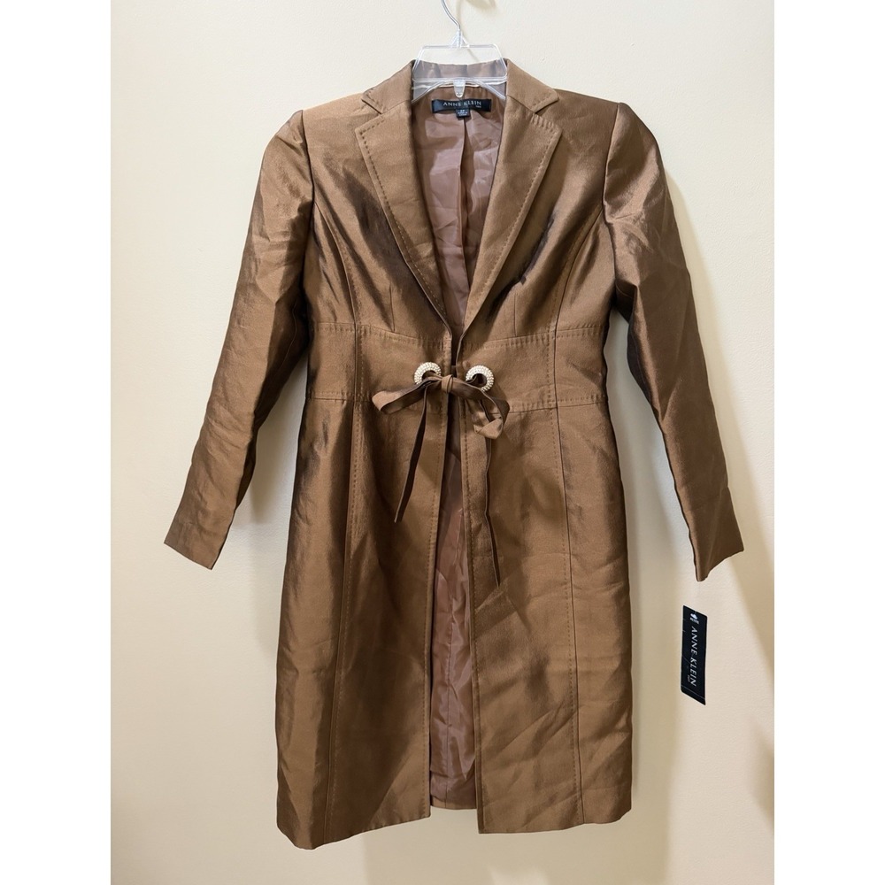 Women's Anne Klein Antique Brown Duster Coat Tie Jewel Closure Size 2P Petite